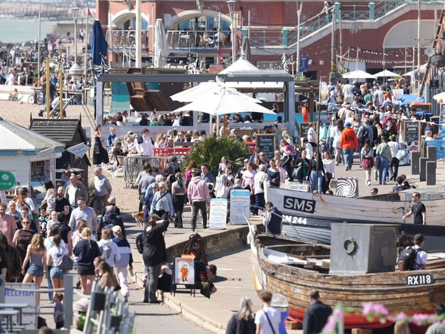 Brighton beach is busy today (April 7, 2026) on what is the hottest day of the year so far