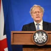 Prime Minister Boris Johnson holds a press conference in response to the publication of the Sue Gray report Into "Partygate" at Downing Street on May 25, 2022 (Photo by Leon Neal - WPA Pool /Getty Images)