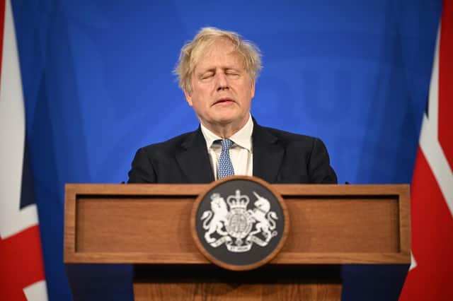 Prime Minister Boris Johnson holds a press conference in response to the publication of the Sue Gray report Into "Partygate" at Downing Street on May 25, 2022 (Photo by Leon Neal - WPA Pool /Getty Images)