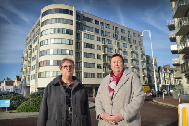 Adrienne Burton, left, and Elaine Stevens in front of The Landmark Building in Bexhill.
