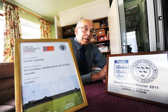 Laurie Claydon with just some of his sporting service awards when he turned 80, in 2012 | Picture: Stephen Goodger