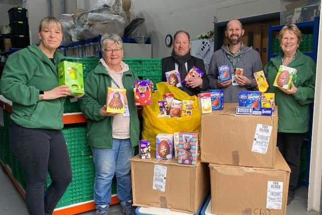 Hastings Foodbank Staff and Priory Meadow Centre Manager with first collection