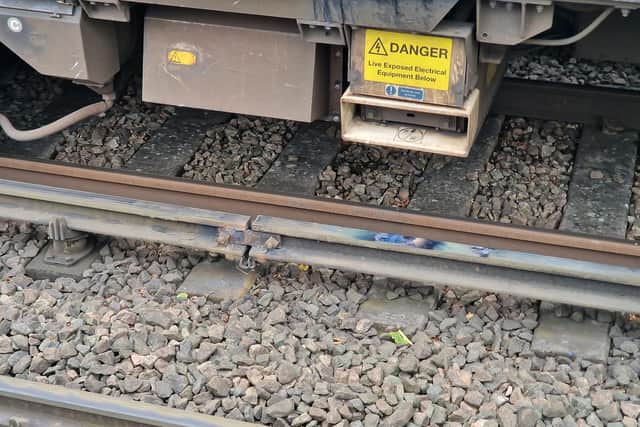 This image shows the 'damage that the shoe gear has done to the electric third rail'. Photo: Southern Rail