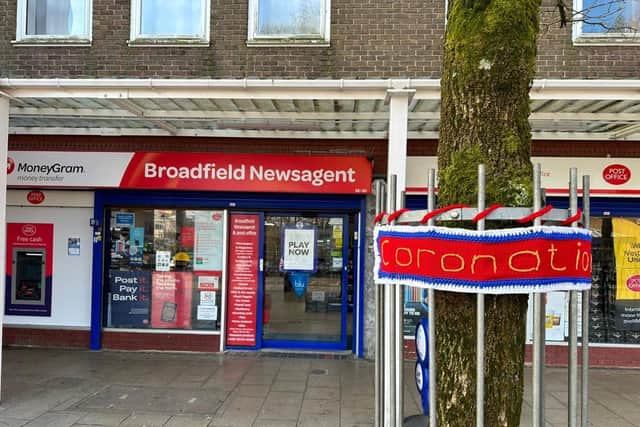 Coronation tree wrap outside Broadfield Post Office