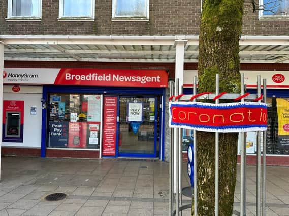Coronation tree wrap outside Broadfield Post Office
