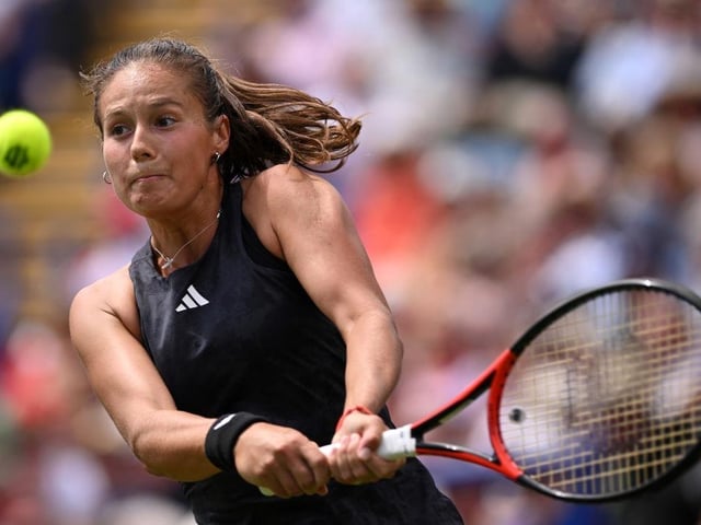 EASTBOURNE, ENGLAND - JULY 01: Daria Kasatkina plays a backhand against Madison Keys of United States during the Women's Singles Final match on Day Eight of Rothesay International Eastbourne at Devonshire Park on July 01, 2023 in Eastbourne, England. (Photo by Justin Setterfield/Getty Images):Action from Saturday's finals at the Rothesay tennis international at Devonshire Park, Eastbourne