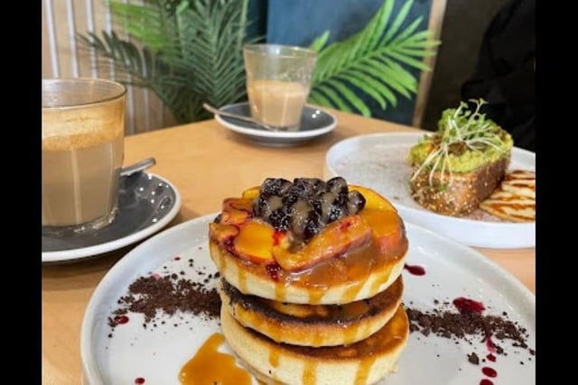 Apple crumble pancake stack / Brekkie pancake stack - bacon, sausage, maple syrup / Kids pancakes with fruit and maple syrup (https://nelsoncoffee.co.uk/pages/the-roastery-station-parade) - photo from Google Maps