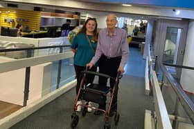 Ted Potter is pictured on his visit to the YMCA Club in London with Betty Wood, Brendoncare Stildon’s Wellbeing Coordinator. Photo: Brendoncare