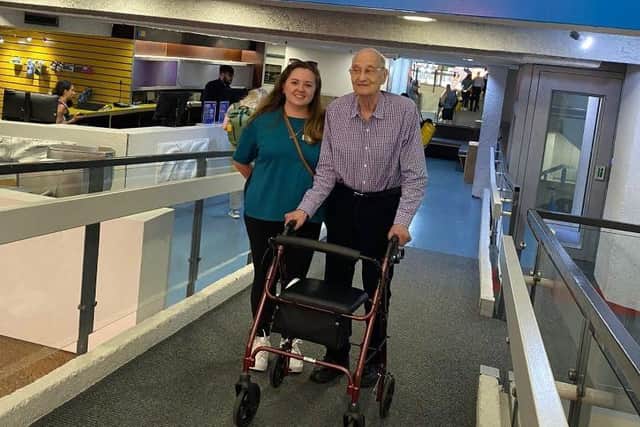 Ted Potter is pictured on his visit to the YMCA Club in London with Betty Wood, Brendoncare Stildon’s Wellbeing Coordinator. Photo: Brendoncare