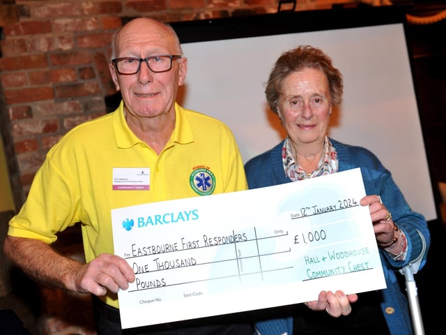 Judge Tessa Woodhouse presents a cheque for £1,000 to Eastbourne Area Community First Responders