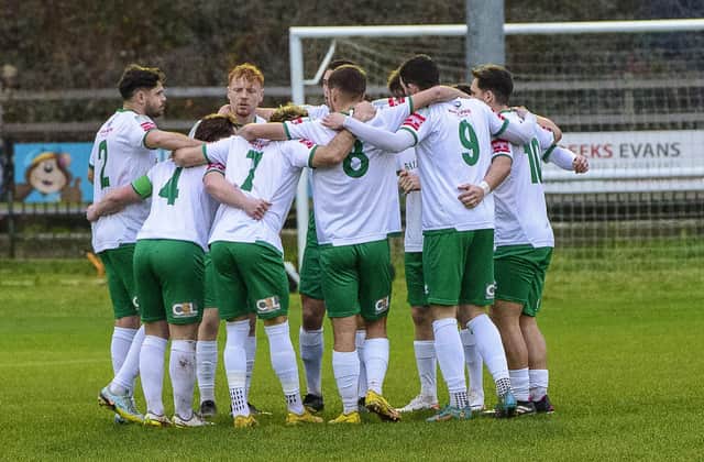 Bognor Regis Town players huddle before Saturday's 1-1 draw with Hastings United at the Pilot Field. Picture: Tommy McMillan