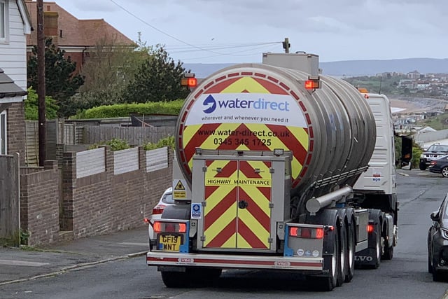 A Southern Water tanker in Essenden Road on May 3 while most of St Leonards and parts of Hastings had no water due to a burst pipe in Keeper's Wood, off the A21.