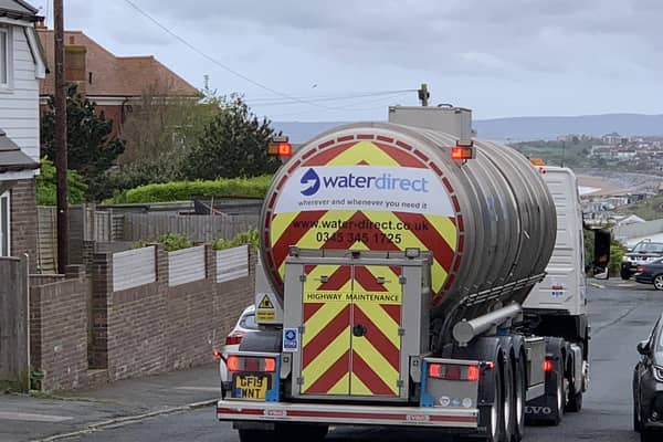 A Southern Water tanker in Essenden Road on May 3 while most of St Leonards and parts of Hastings had no water due to a burst pipe in Keeper's Wood, off the A21.
