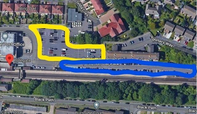 Polegate Railway Station car parks: Yellow is private, blue is owned by Southern Rail (photo by Google Maps)
