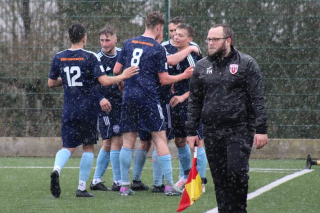 Ringmer AFC celebrate on their way to beating Crawley Devils | Picture: Will Hugall