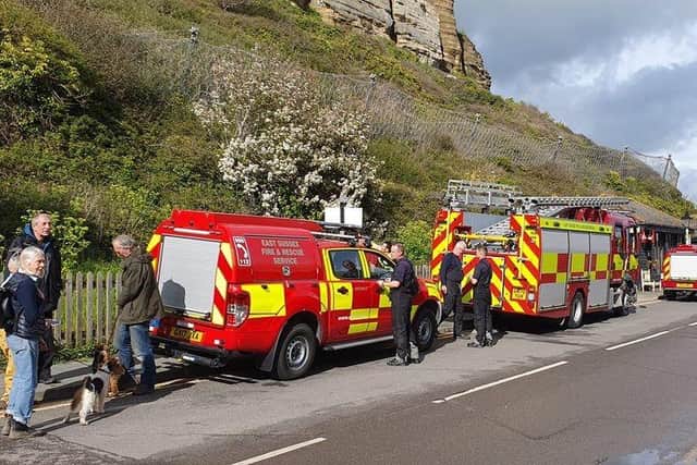 A dog who had fallen over the cliffs in Hastings had a lucky escape after being saved by East Sussex Fire and Rescue Service yesterday (Sunday, April 23). Photo: Roz Adie.