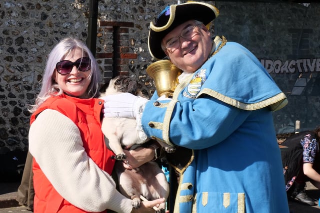 Worthing town crier Bob Smytherman with Melanie Peters