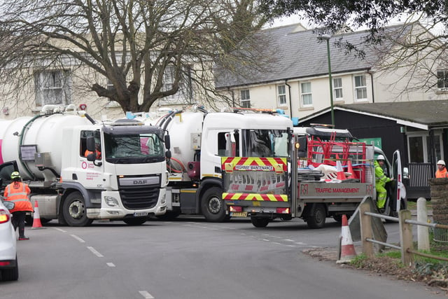 Road closures are in place in Southwick, with Southern Water's bringing in tankers and putting down pumps, cones and fencing