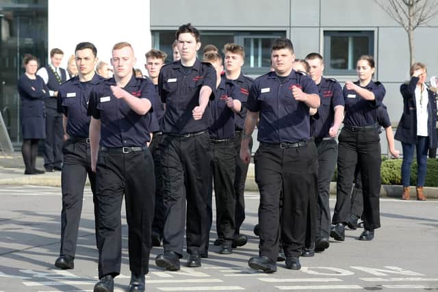 Fire cadets on parade at the official opening of the Combined Cadet Force at Northbrook College in Worthing in 2018. Photo: Derek Martin / Sussex World