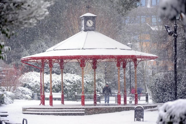 Horsham park's bandstand carpeted with snow in Jan 2013 -photo by Steve Cobb