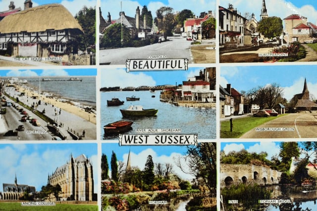 Stopham Bridge features on a postcard of Beautiful West Sussex alongside Henfield, Worthing, Lancing College, Horsham, Shoreham, Cowfold, Hurstpierpoint and Wisborough Green