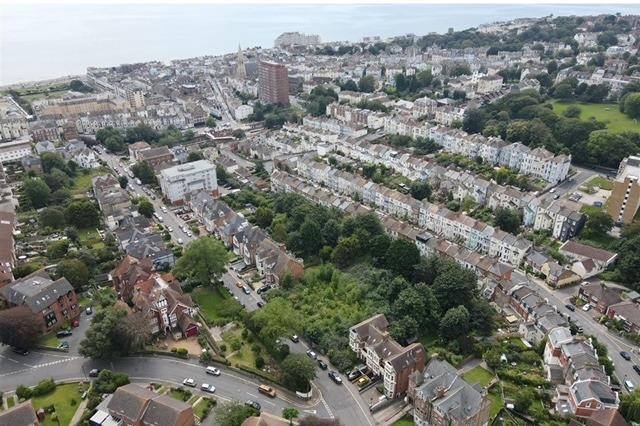 An aerial view of the area where the land is for sale