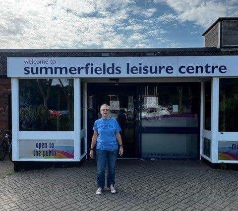 Jackie standing outside Summerfields Leisure Centre