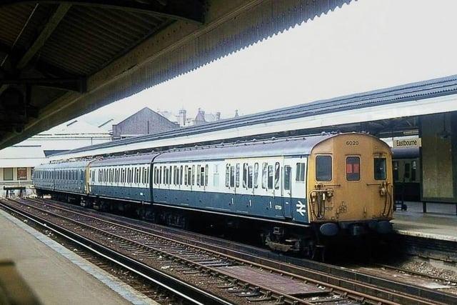 An electric train waits at Platform 2 at Eastbourne railway station