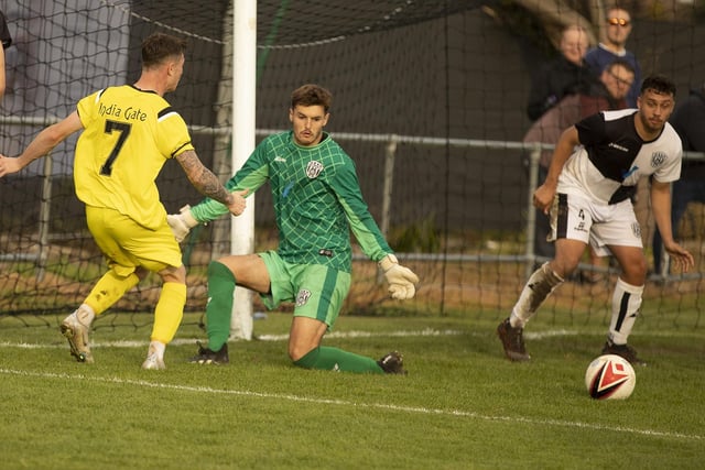 East Preston's keeper saves from Selsey's Shane Brazil during the teams 2-2 draw.:Action from East Preston v Selsey and Pagham v Sporting Bengal
