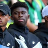 New Brighton signings Ansu Fati (left) and Carlos Baleba watch on at the American Express Stadium as Brighton beat Newcastle
