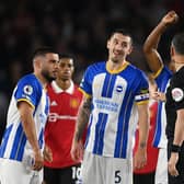 Brighton and Hove Albion skipper Lewis Dunk has a word with the referee against Manchester United at the Amex Stadium last night