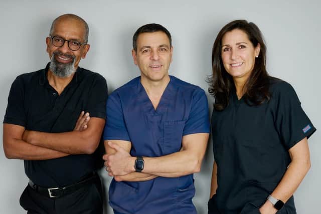 Owner and principal dentist Jaspal Sandhu, dentist Andrew Papadopoulos and associate dentist Kate Cash at The High Street Dental Practice in East Grinstead. Photo: The High Street Dental Practice