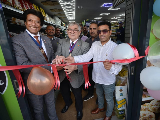 The opening of Madina Halal Shop in Silverhill, St Leonards on May 19 2025.
L-R: Abul Azad, vice chairman of East Sussex County Council; Nigel Sinden, deputy mayor of Hastings, and shop owner Dullshad Khedher.