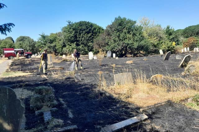 The fire at Broadwater Cemetery, which 'spread to the size of almost two football pitches', is believed to have been started when parched grass was ignited through a discarded piece of glass. Photo: Worthing Borough Council