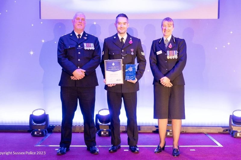 Police Officer of the Year Sergeant Alec Barrett alongside Sussex Police Federation Chair Daren Egan and Chief Constable Jo Shiner