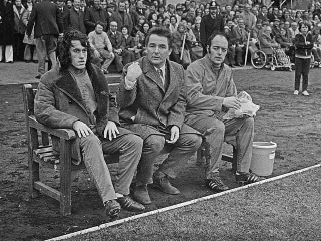 Brian Clough, manager of Brighton and Hove Albion, during an FA Cup first round match against Walton and Hersham on 24th November 1973. The score was 0-0.