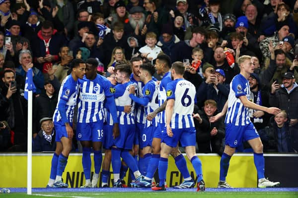 Brighton and Hove Albion lead at the half time break against Tottenham Hotspur through a stunning Jack Hinshelwood strike and a Joao Pedro penalty. (Photo by Bryn Lennon/Getty Images)