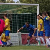 Tiago Andrade turns away after opening the scoring for Roffey at Godalming | Picture by Beth Chapman