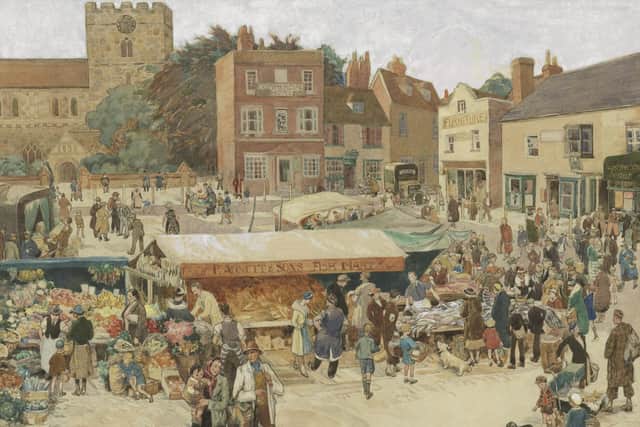 Flora Twort’s Market Day at Petersfield Market Square 1939, Watercolour on paper, The Flora Twort Collection. © Petersfield Museum and Art Gallery