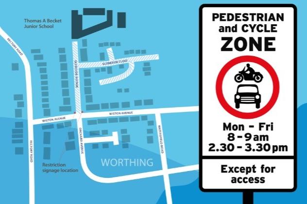 At Thomas A Becket Junior School in Glebeside Avenue, Worthing, motor vehicles are prohibited between 8am to 9am and 2.30pm to 3.30pm