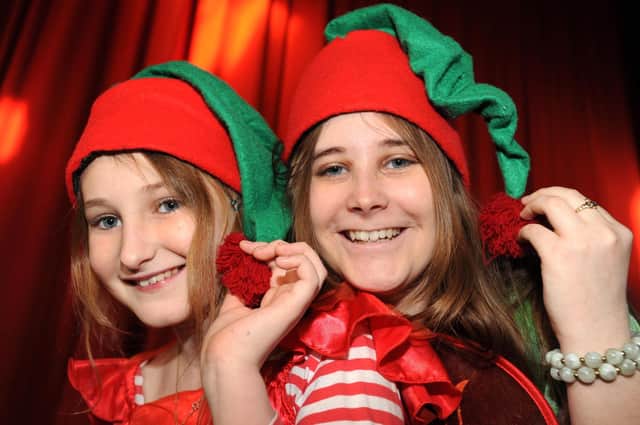 Mona (with the stripey arms) and sister Alicia Williams dressed as Pixies to promote Ditchling Christmas Fair in 2008
