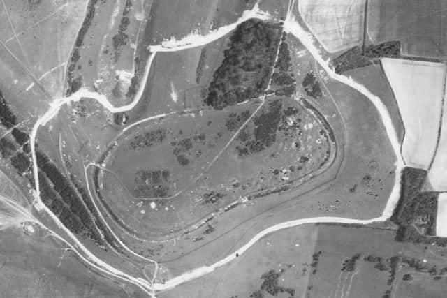 Cissbury Ring on April 22, 1944, showing the anti-tank ditch surrounding the Iron Age hillfort in Worthing. Source: Historic England Archive (USAAF Photography)