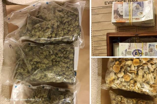 After searching the vehicle and the home address, police officers found a large quantity of cannabis and other suspected class A drugs, as well as a large amount of cash worth thousands of pounds. These were all seized as part of the investigation. Photo: Sussex Police