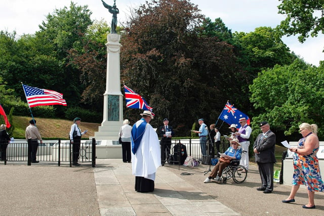 V-J Day at the war memorial in Alexandra Park, Hastings, Aug 14 2022. Photo by Frank Copper