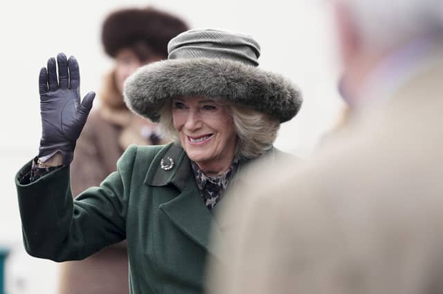 PLUMPTON, ENGLAND - FEBRUARY 23: Queen Camilla attends a charity event at Plumpton Racecourse on February 23, 2026 in Plumpton, England. (Photo by Alan Crowhurst/Getty Images)