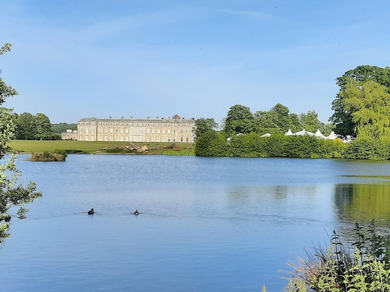 Petworth Park with the antiques fair marquee in the trees, overlooking the impressive mansion