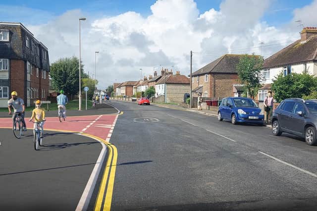 An artist’s impression of Option 1. It shows shared-use paths along Oving Road, a ‘raised table’ traffic-calming feature across Charles Avenue and, in the distance, the footway ‘build out’, which would reduce crossing distance