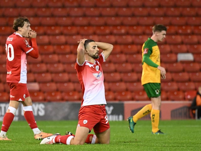 Adam Phillips of Barnsley after missing a shot during the Emirates FA Cup First Round match between Barnsley and Horsham at Oakwell Stadium.