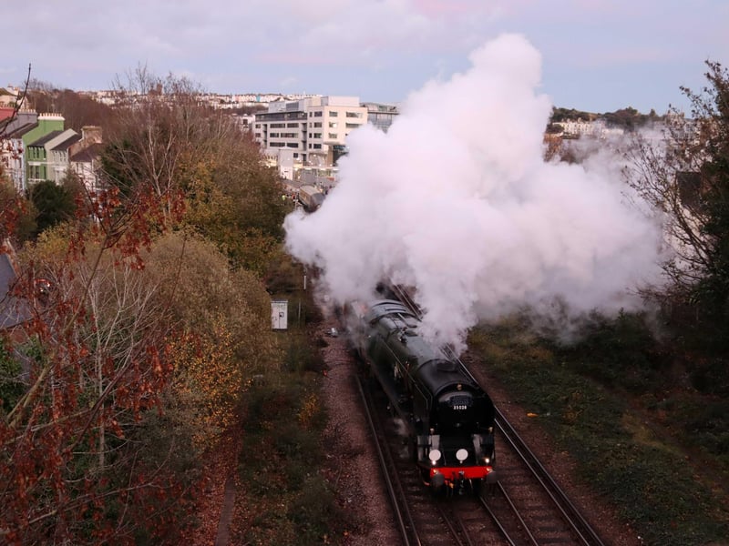 The Christmas Sussex Belle, Merchant Navy Class 35028 Clan Line, leaves Hastings Railway Station on November 19 2025. Pic by Kevin Boorman.