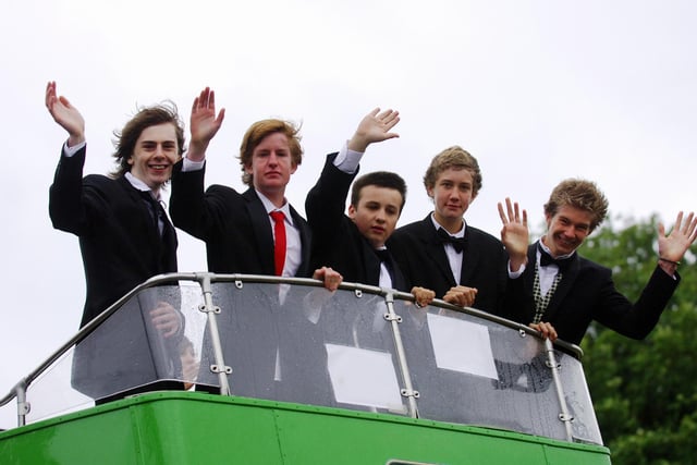 Chichester High School for Boys students arriving on an open-top bus for a glamorous joint prom night at Fontwell Racecourse in June 2008